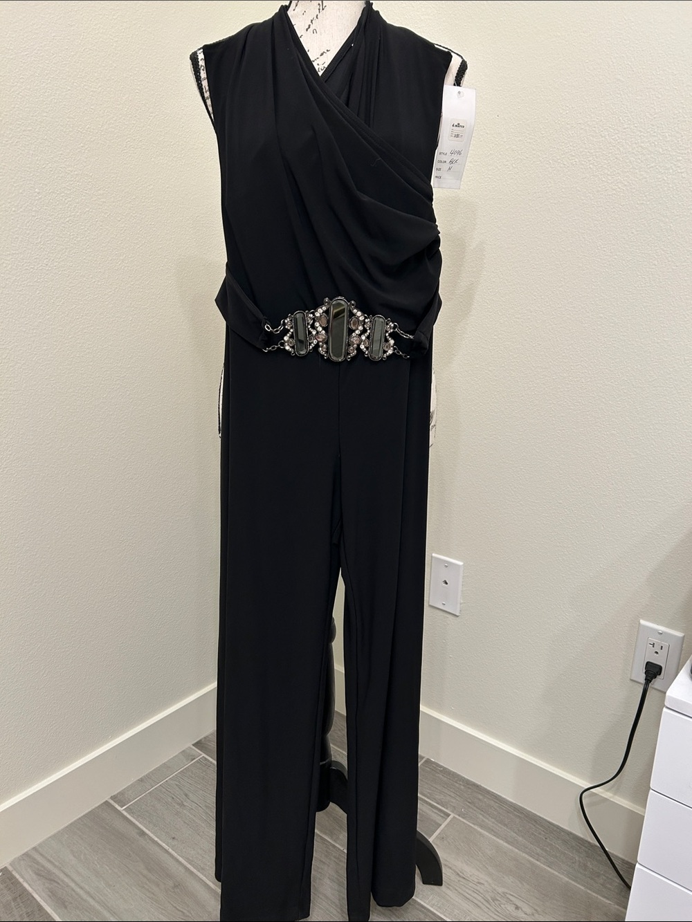 Janine of London Black Sleeveless Draped Jumpsuit with Jeweled Attached Belt